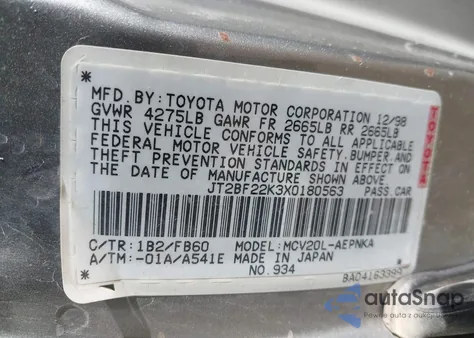 1999 Toyota Camry Le V6 из США, поврежденный, VIN JT2BF22K3X0180563